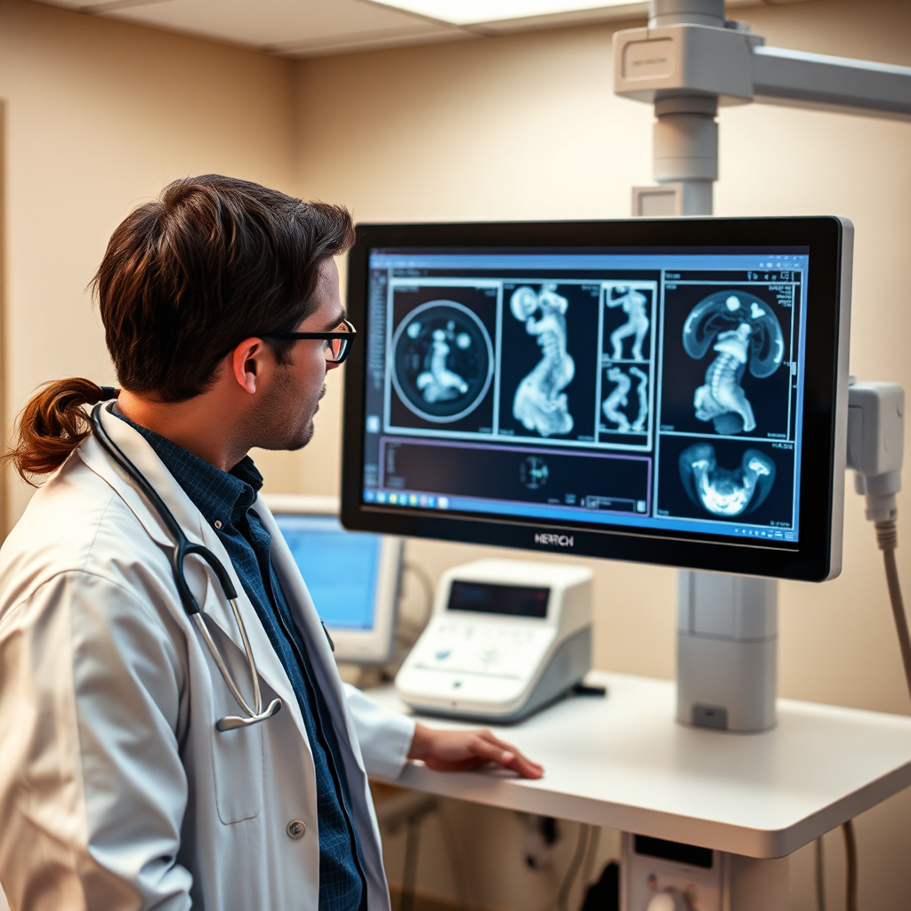 Create a 4K resolution image showcasing the HEYTECH mission regarding BARCO Medical Displays. The image should depict a collaborative environment where a HEYTECH engineer is working alongside a doctor, both focused on a BARCO medical display showing a complex medical image. The setting should be a modern hospital or clinic. The lighting should be soft and professional. The color palette should be warm and inviting, using shades of beige, light gray, and subtle blues. The composition should emphasize teamwork and precision. Include subtle details like diagnostic tools and schematics in the background. Style reference: Professional healthcare photography with a focus on collaboration and technology.