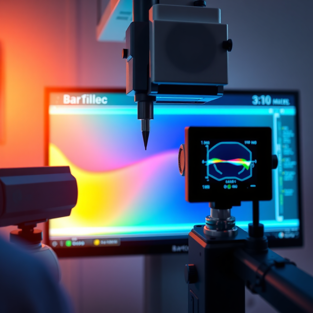 Create a conceptual image of Barco's calibration technology at work. The image should depict a medical display being calibrated using sophisticated software and hardware. Use a stylized representation of color gradients and measurement tools. The color palette should be vibrant and technical, using shades of blue, green, and orange. Use a close-up camera angle to showcase the calibration process. Style reference: Technology visualization.