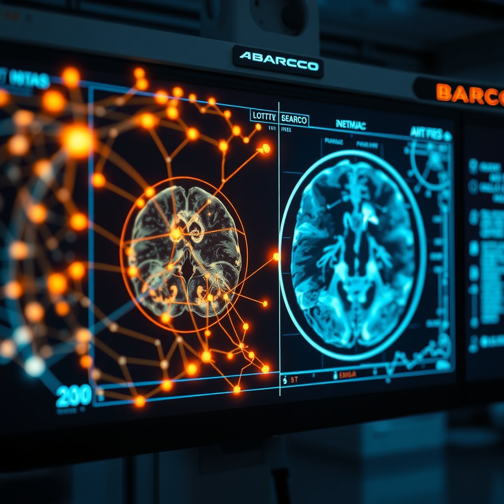 Create a futuristic image showing a Barco medical display using AI to analyze a complex scan. Visualize the AI as a network of glowing connections highlighting areas of interest. Style: Futuristic medical tech with a focus on artificial intelligence integration.
