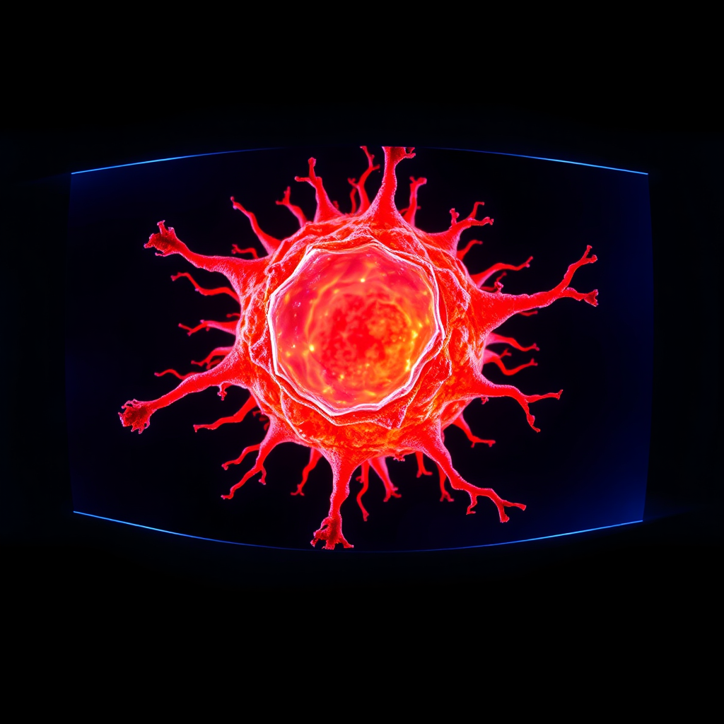 Create a hyperrealistic image of a microscopic view of a cell structure magnified on a Barco medical display. The clarity and precision of the image should be the focus. Use vibrant colors to highlight the details. The background should be dark and minimalistic. Style: Scientific visualization with a focus on medical imaging.