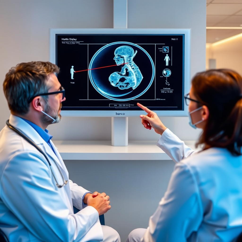 Create an image depicting two doctors in different locations collaborating remotely using a Barco medical display. The display should show a shared medical image with annotations and pointers. Style: Modern healthcare collaboration with a focus on remote technology.