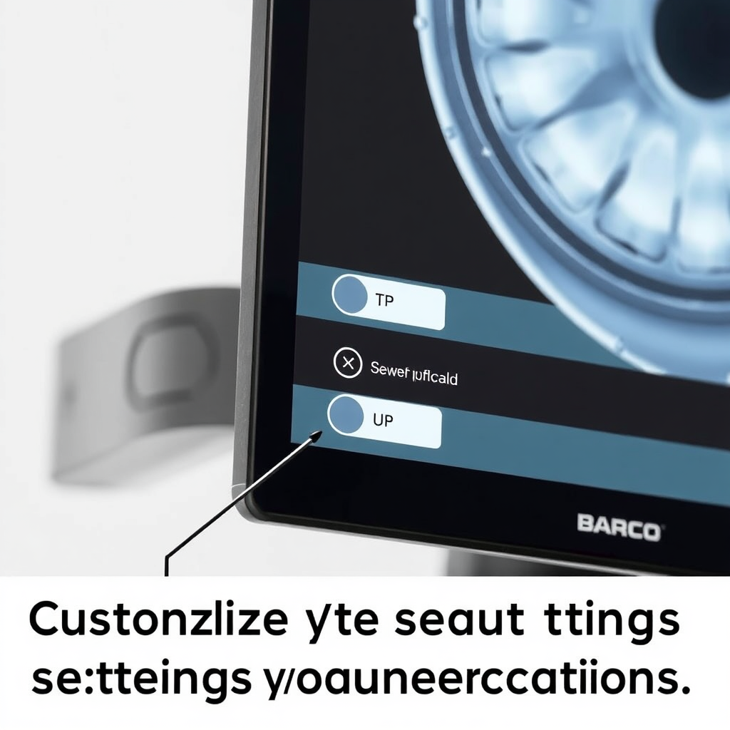 Show a close-up of a Barco medical display with customizable settings being adjusted. The focus is on the user interface and the ability to personalize viewing conditions. Style: User-centric design with a focus on customization and ergonomic benefits.