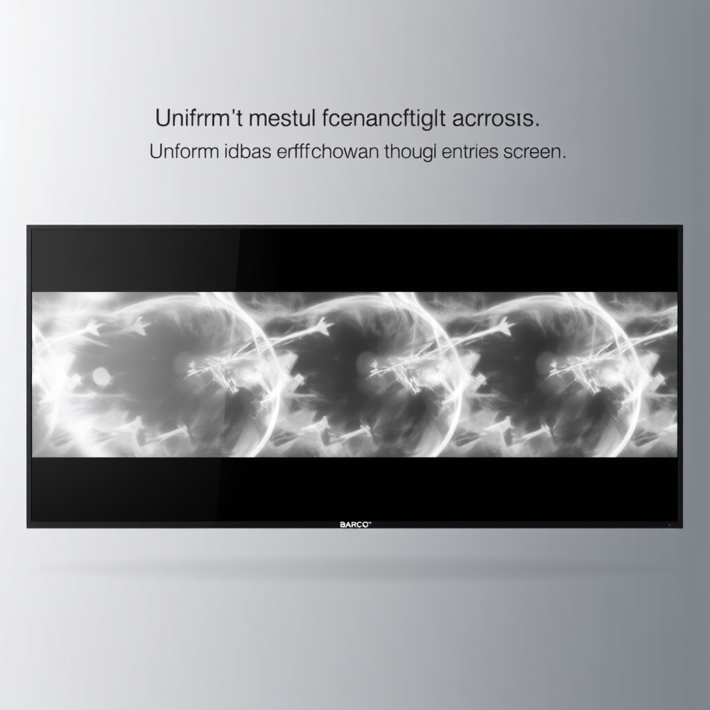 Visualize a Barco medical display exhibiting uniform brightness and contrast across its entire screen. Use a gradient effect to show consistent light distribution. The display should show a grayscale medical image with subtle variations. Style: Modern tech display with a focus on quality and reliability.