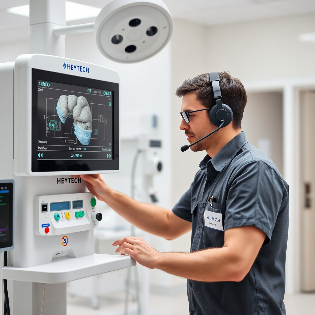 Visualize a HEYTECH support technician working on a BARCO medical display in a hospital setting. The technician should be shown as professional and efficient, solving a technical issue. Style: Reliable on-site tech support with a focus on problem-solving.